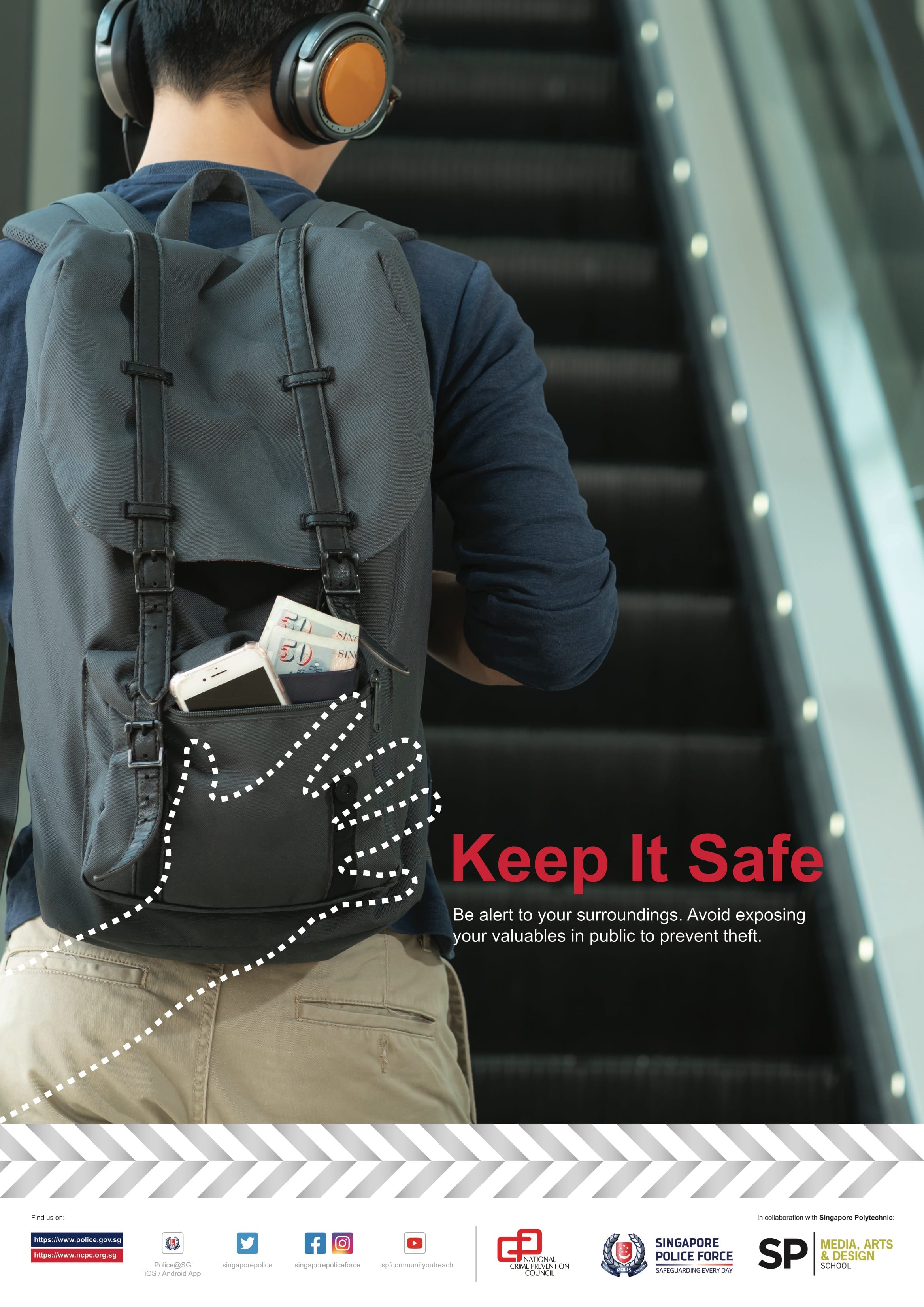 A close-up shot captures a person wearing headphones and a grey backpack riding an escalator, with a smartphone and cash bills visibly exposed in an outer pocket as a graphic hand outline reaches toward it.